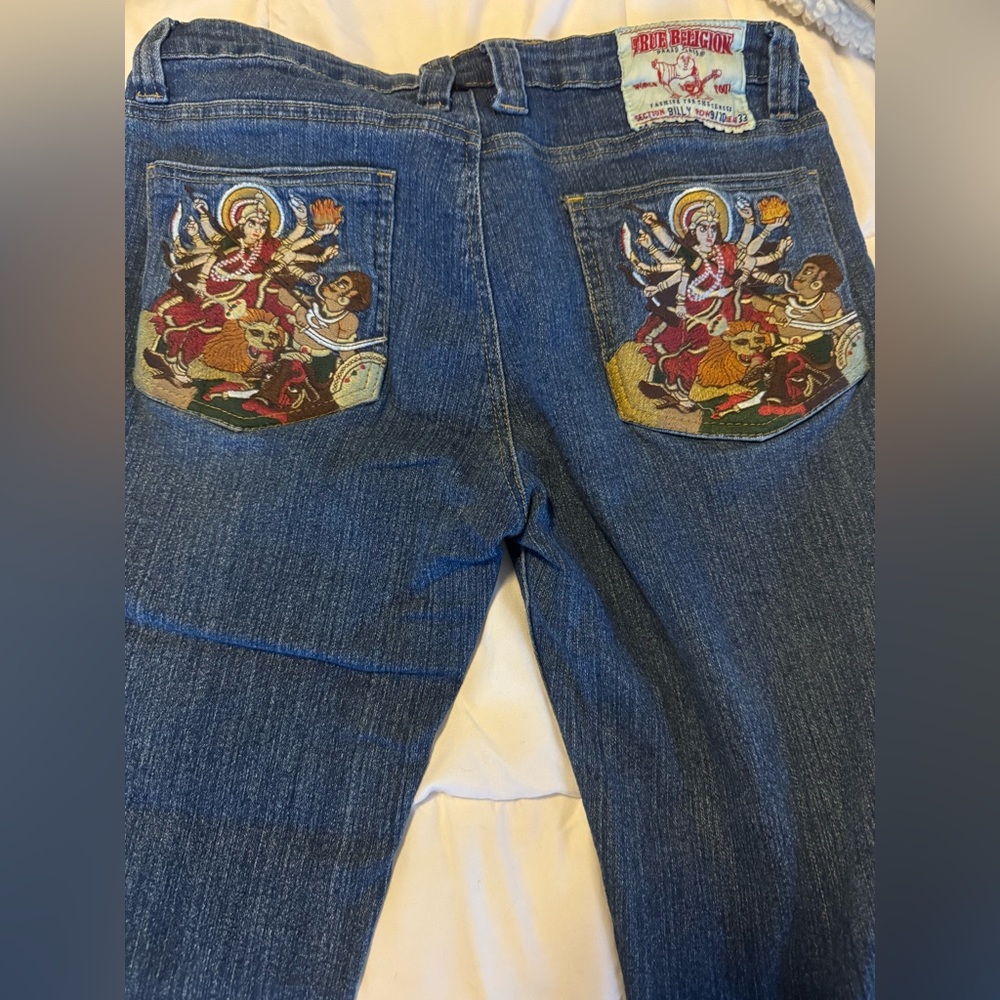 True Religion Billy Jeans Hindu Lion Embroidered Pocket Baggy Size 9/10 Y2K